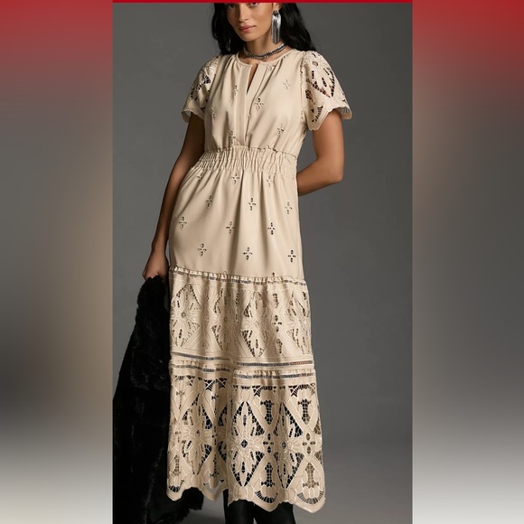 Anthropologie The Somerset Maxi Dress Faux Leather Embroidered Edition Tiered - Picture 1 of 6
